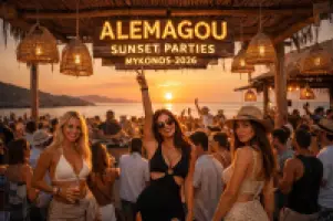 Fêtes du coucher de soleil à Alemagou à Mykonos 2026