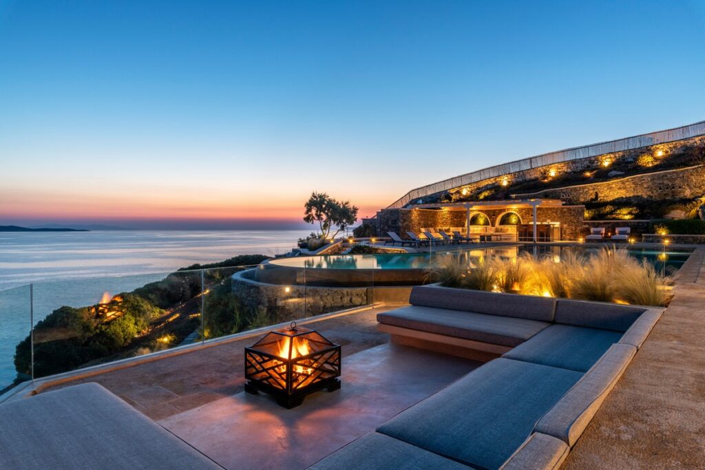 Renting a Villa in Mykonos - An evening view from a terrace at Villa Nighy, Mykonos